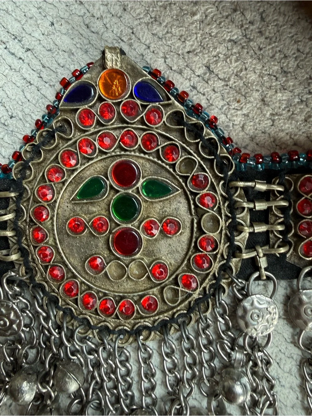 Vintage Afghan Kuchi Tribal Waist Belt Glass Medallions Bells Boho 64”